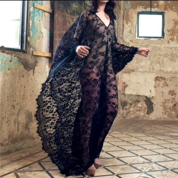 Sheer Sexy Black Lace Caftan Long Maxi Coverup Lingerie Dress Gothic Gown Kaftan - Picture 14 of 16
